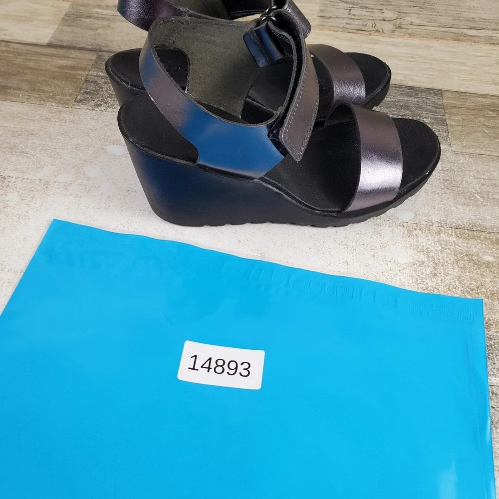 ECCO Freja Womens Wedge Sandals Sz 7 7.5 Metallic Leather Slingback Strap